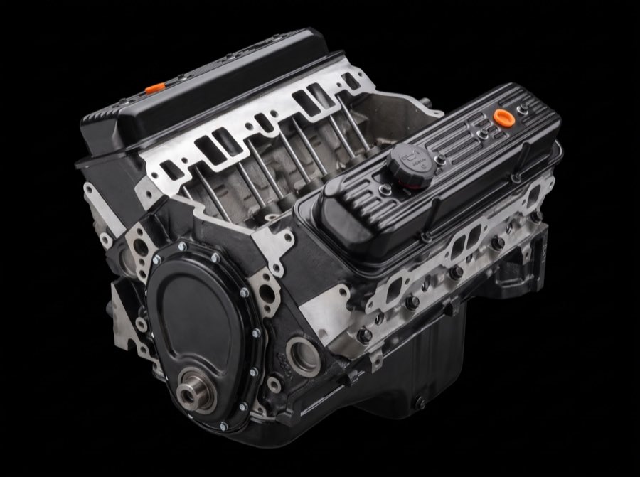 Motor V8 completo, visto en tres cuartos sobre fondo negro